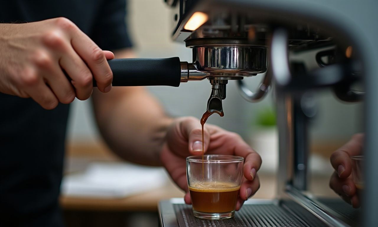 Hands testing espresso extraction from portafilter into glass cup