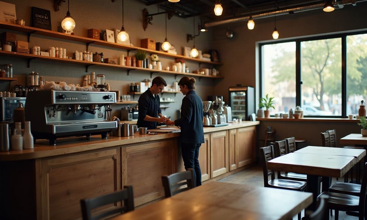 Coffee shop interior with wooden counter, technician at espresso machine, empty tables