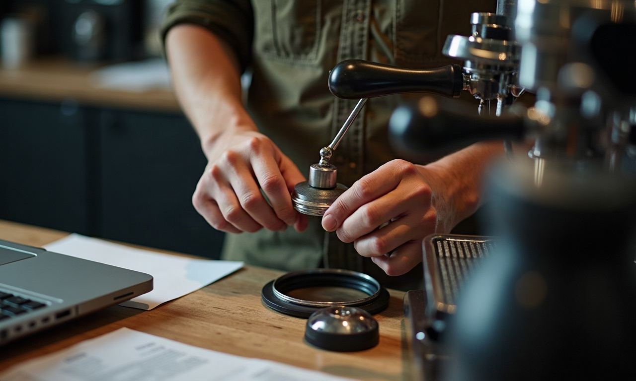 Hands replacing a brass gasket on a commercial espresso machine group head with a wrench